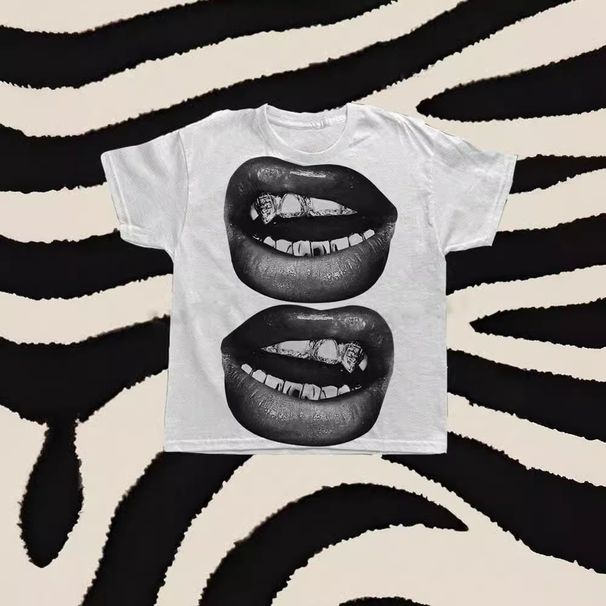 Men's Clothing Summer New Gothic Clothing Women's Club Lips Printed Cropped Tops_viptrois.com