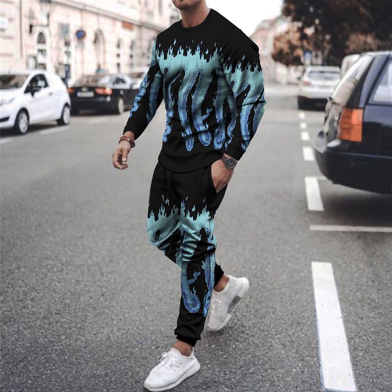 Men's Clothing Autumn And Winter Men's 3D Printed Octopus Round Neck Sweatshirt And Pants Set_viptrois.com