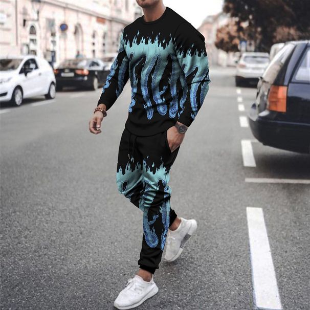 Men's Clothing Autumn And Winter Men's 3D Printed Octopus Round Neck Sweatshirt And Pants Set_viptrois.com