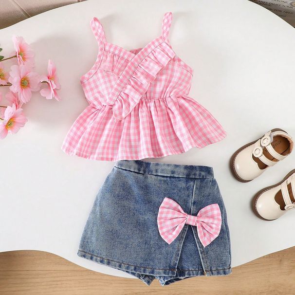 Mother & Kids New Summer Girls Baby Girls Denim Skirt Baby Casual Suit Children Suit Cross Border A Class Sling_viptrois.com