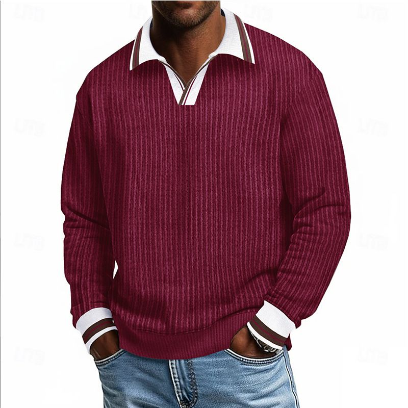 Men's Corduroy Long Sleeve Shirt - Vintage Washed Pullover With Button Collar - Oversized Winter Sweater For Casual & Streetwear_viptrois.com