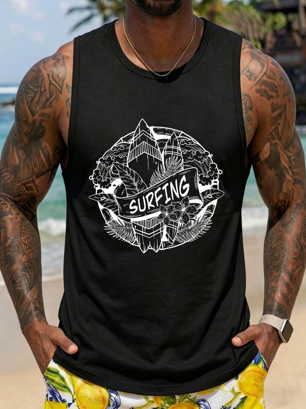 Canotta Uomo Girocollo 100% Cotone Stampa Tavola Da Surf Morbida Traspirante Senza Maniche Vacanze Uso Quotidiano Estivo Multicolore_viptrois.com