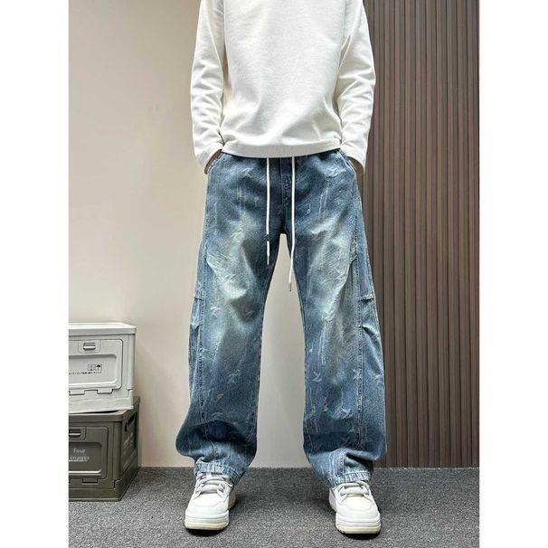 Men's Pleated Wide-Leg Jeans, Curved Hem Loose Fit Denim Pants With Layered Design For Casual Streetwear_viptrois.com