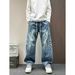 Men's Pleated Wide-Leg Jeans, Curved Hem Loose Fit Denim Pants With Layered Design For Casual Streetwear_viptrois.com