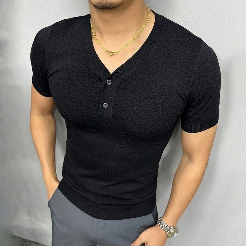 Light Mature Style Summer Short Sleeved Men's Henry V Neck Button Knitted Solid Color Breathable Fashion Casual Non Iron Regular T Shirt_viptrois.com