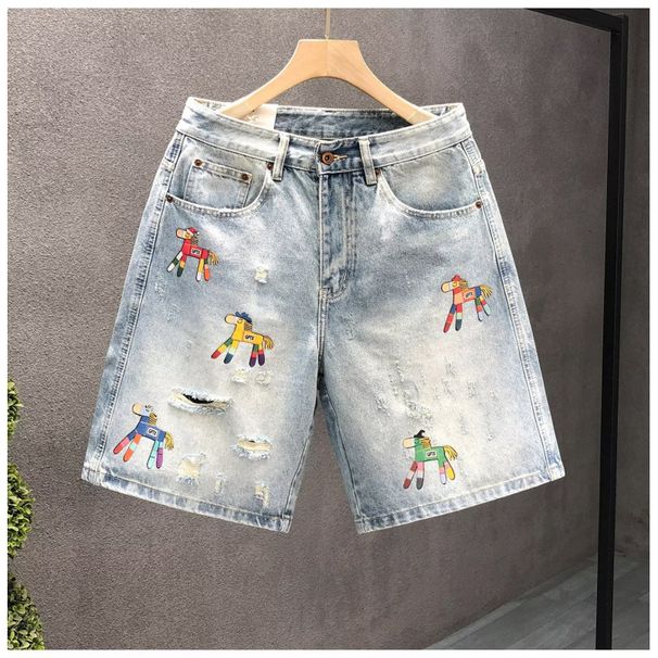 Men's Retro Distressed Straight Leg Denim Shorts Casual Loose Fitting Wide Leg Mid Length Pants Trendy Versatile Summer Wear_viptrois.com