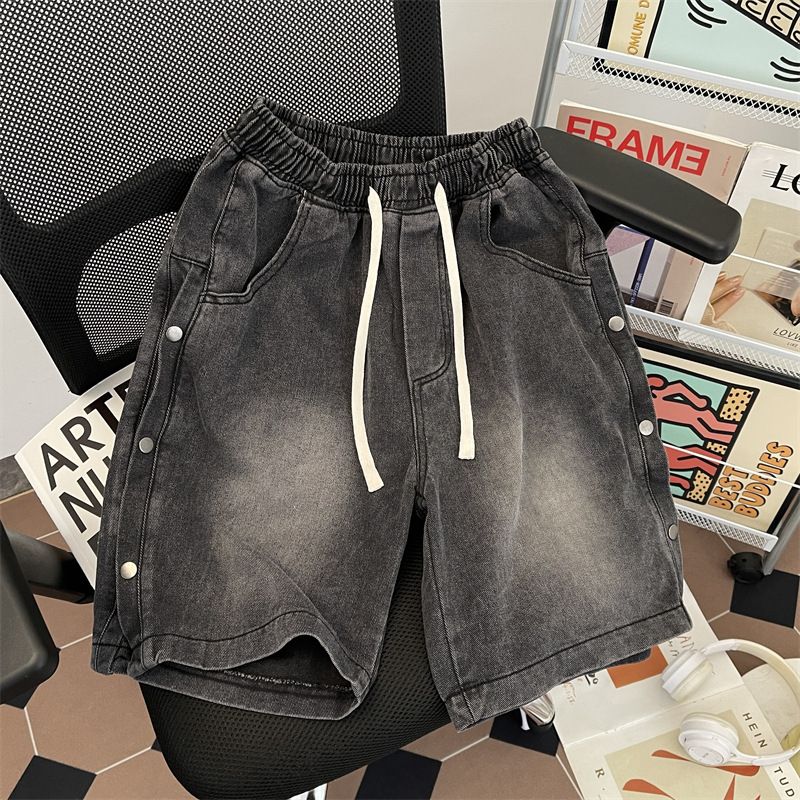 Men's Trendy Button down Denim Shorts High Street Style Loose Fit Summer High Waist American Retro Five Point Pants_viptrois.com