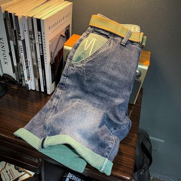 Summer Thin Denim Shorts Men Slim Fit Five-Point With Belt Blue Trendy Brand Mid-Length Pants Versatile Casual Breeches_viptrois.com