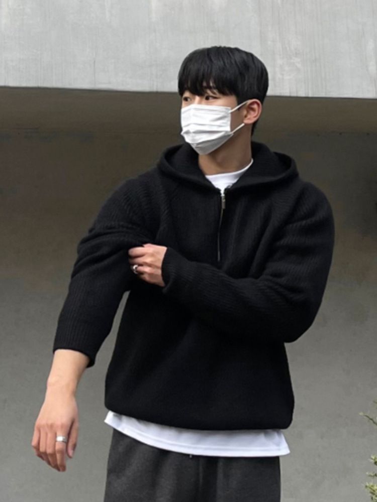 Autumn Hoodie Men's Half Zip Hooded Sweater Thick Knit Sweater Jacket_viptrois.com
