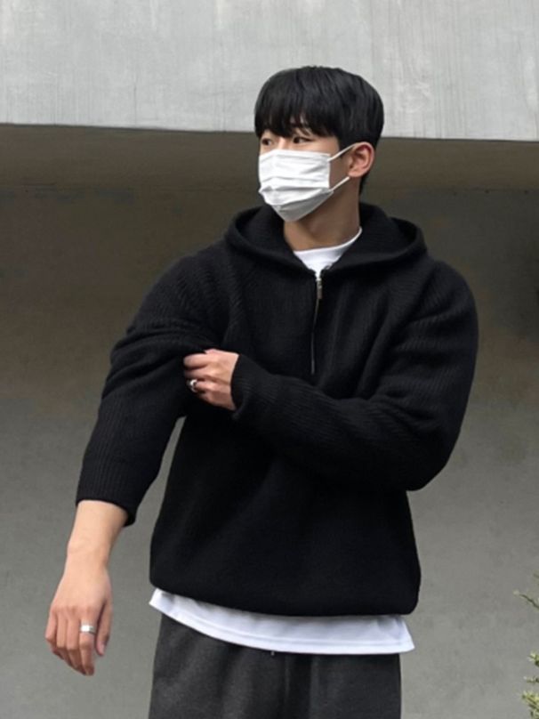 Autumn Hoodie Men's Half Zip Hooded Sweater Thick Knit Sweater Jacket_viptrois.com