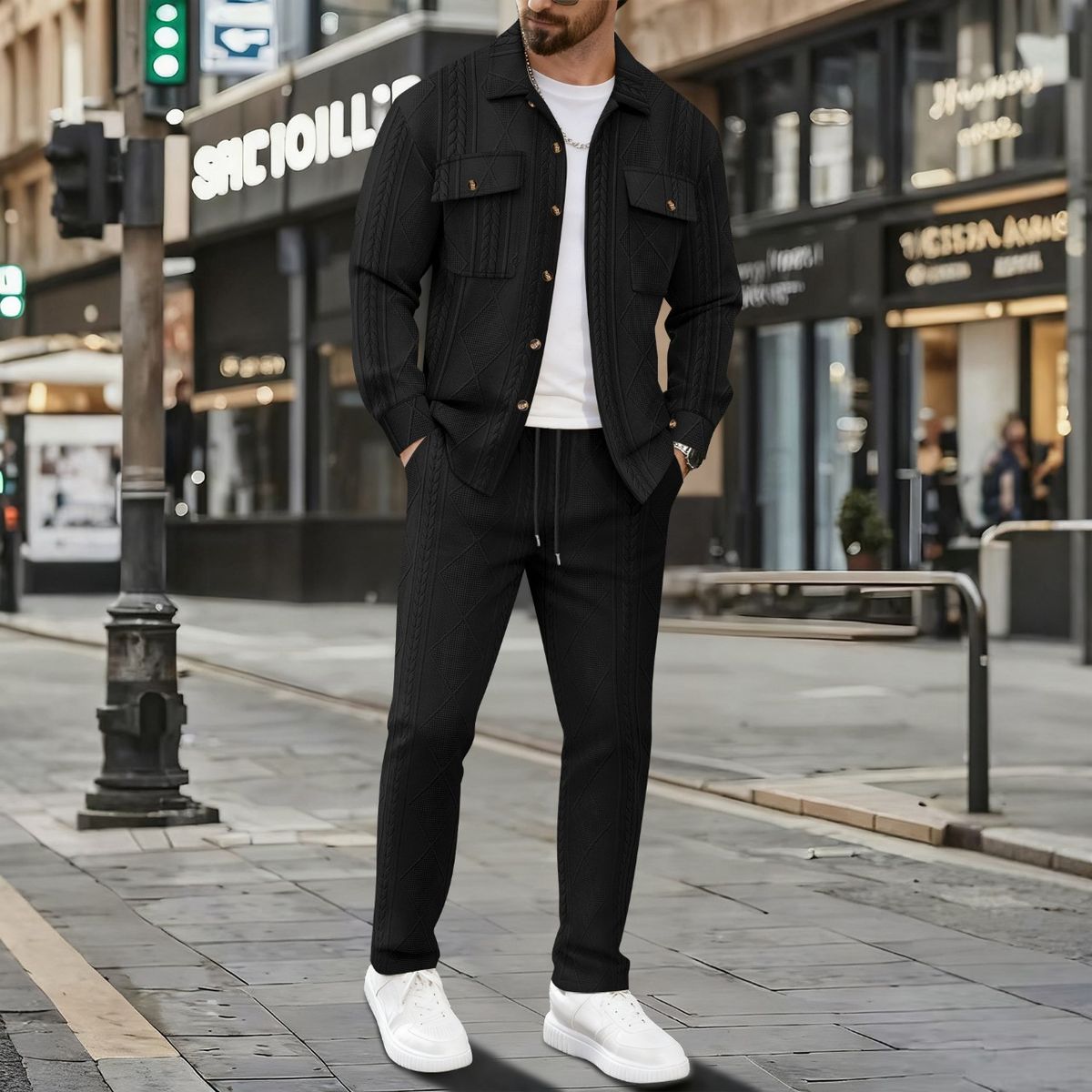 Men's Casual Jacket Two Piece Set American Style Autumn Fashion Trendy Pocket Lapel Jacquard Design_viptrois.com