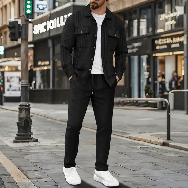 Men's Casual Jacket Two Piece Set American Style Autumn Fashion Trendy Pocket Lapel Jacquard Design_viptrois.com