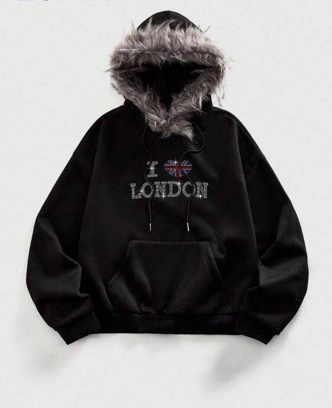 Men's Streetwear Hoodie With Rhinestone Details & Flag Print, Detachable Faux Fur Hood, Loose Fit Warm Winter Pullover_viptrois.com