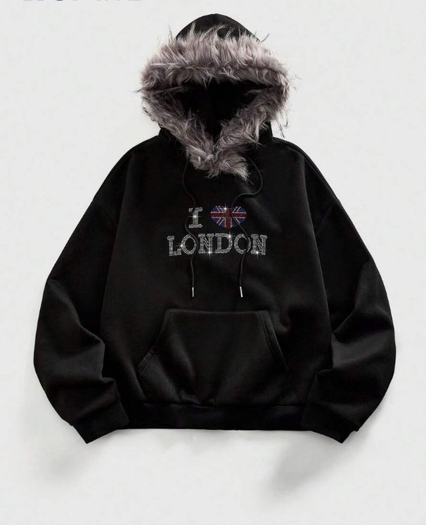 Men's Streetwear Hoodie With Rhinestone Details & Flag Print, Detachable Faux Fur Hood, Loose Fit Warm Winter Pullover_viptrois.com