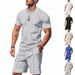 American Style Summer Men's Loose Fit INS Simple Waffle Round Neck Short Sleeve Shorts Two-Piece Set_viptrois.com