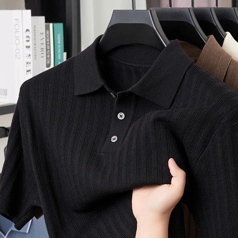 Men's Clothing Men's Summer Short Sleeve Knit Shirt Simple Solid Color Casual Trendy T-Shirt Jacquard Openwork Collar_viptrois.com