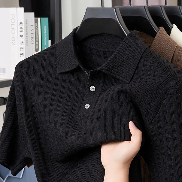 Men's Clothing Men's Summer Short Sleeve Knit Shirt Simple Solid Color Casual Trendy T-Shirt Jacquard Openwork Collar_viptrois.com