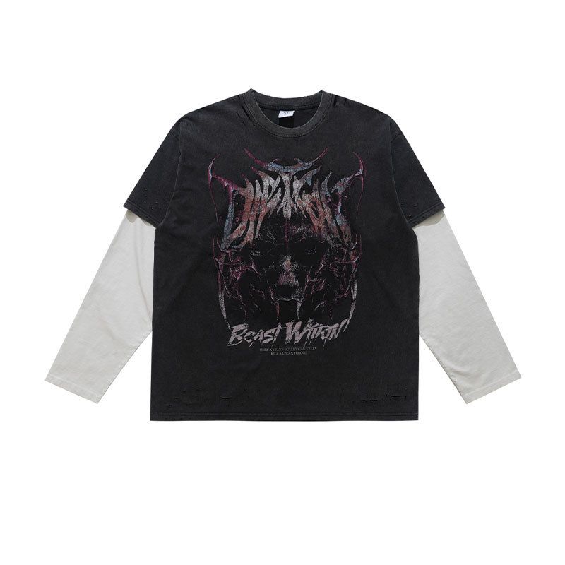 American-style Trendy Brand Men's Faux Two-piece Long-sleeve T-shirt, Washed And Distressed, High Street Style_viptrois.com