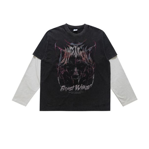American-style Trendy Brand Men's Faux Two-piece Long-sleeve T-shirt, Washed And Distressed, High Street Style_viptrois.com