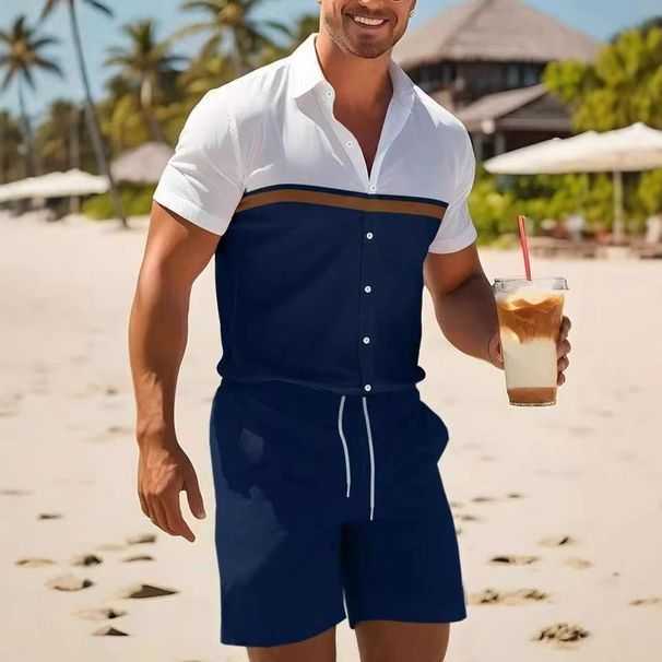 Men's Clothing Beach 2 Piece Suit Youth Daily Casual Thin Shirt Suit_viptrois.com