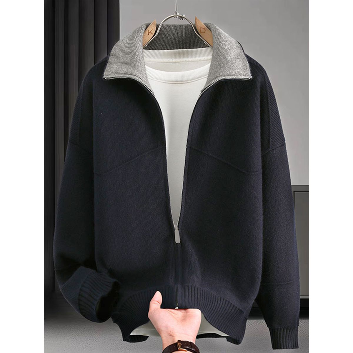 Men's Lapel Color Matching Sweater Polo Cardigan Coat Business Light Luxury_viptrois.com