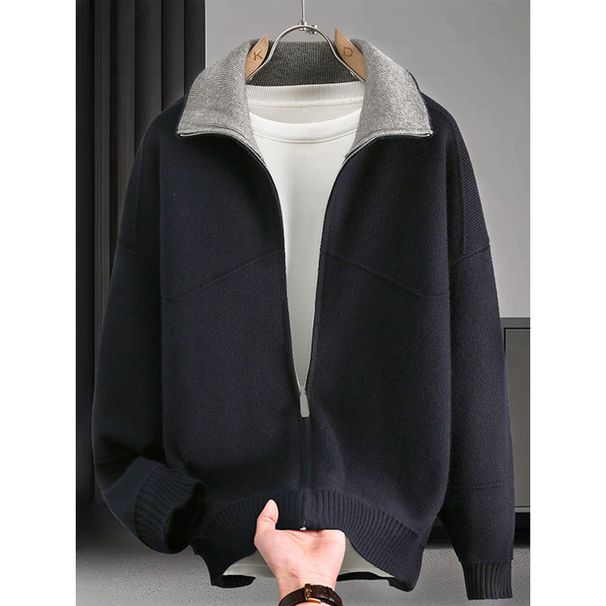 Men's Lapel Color Matching Sweater Polo Cardigan Coat Business Light Luxury_viptrois.com