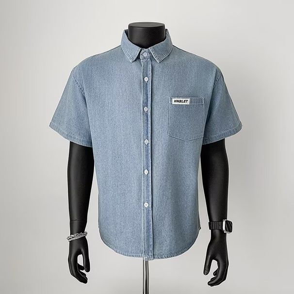 Summer Thin Workwear Retro Light Blue Casual Short Sleeve Soft Fabric Denim Shirt Men's High-End Trendy Brand Top_viptrois.com