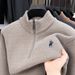 Men's Zipper Pullover With Fleece Lining, Trendy Casual Loose Embroidered Autumn Winter Solid Color Knitted Base Shirt_viptrois.com