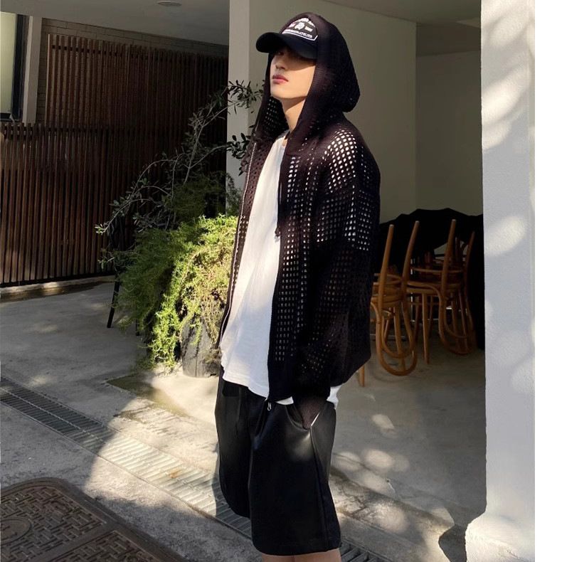 Men's Clothing Hooded Hollow Knitted Sweater Jacket Ice Silk Breathable Sun Protection Clothing Casual All Match Trendy_viptrois.com
