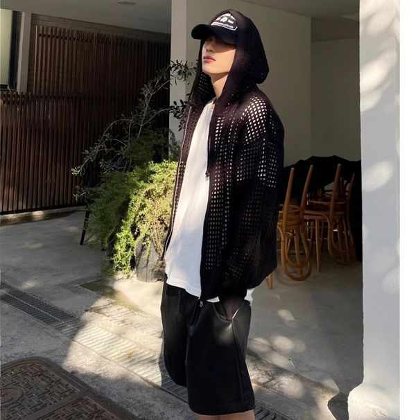Men's Clothing Hooded Hollow Knitted Sweater Jacket Ice Silk Breathable Sun Protection Clothing Casual All Match Trendy_viptrois.com