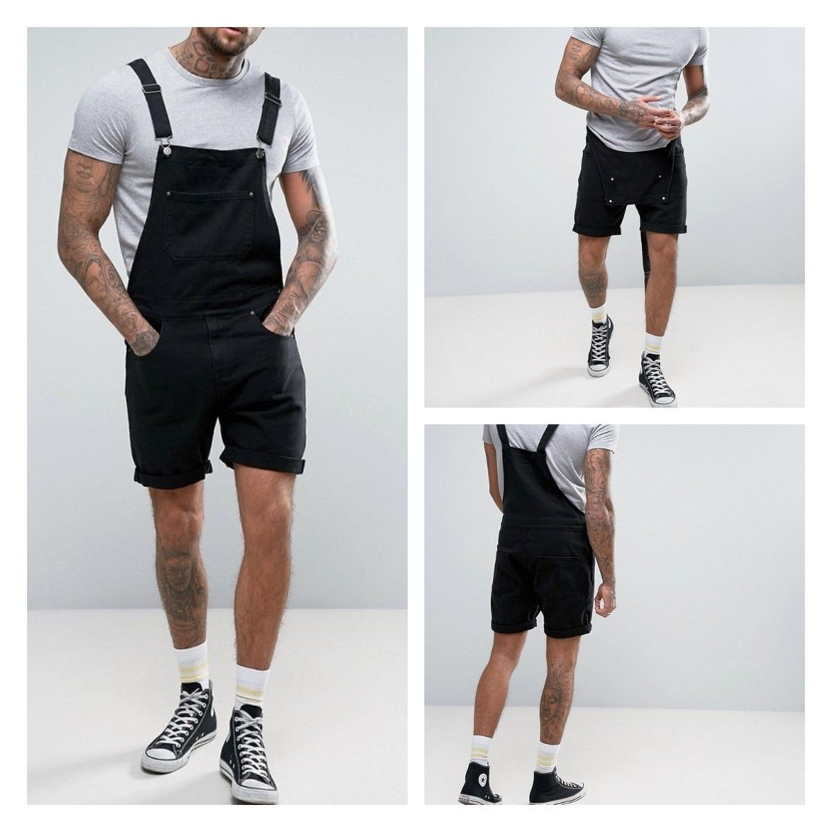 Men's Clothing Denim White Black Rim Shorts Jumpsuit Overalls_viptrois.com