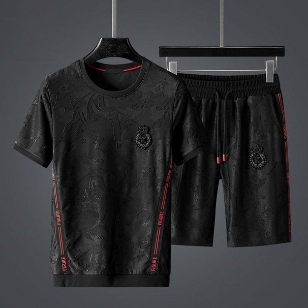 Men's Clothing High-end jacquard webbing splicing casual suit men's summer large size style personality matching shorts two-piece suit_viptrois.com