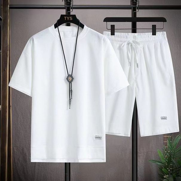 Summer New Waffle Men's Korean Loose Youth Cool Short Sleeve Shorts Casual Two Piece Set Fashion_viptrois.com