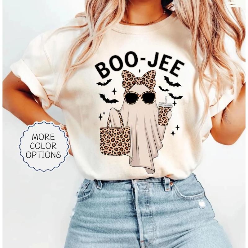 Camiseta Algodón Unisex Comfort Colors Boo-Jee Ghost, Leopardo Divertida Otoño Café Fantasma, Regalo De Halloween_viptrois.com