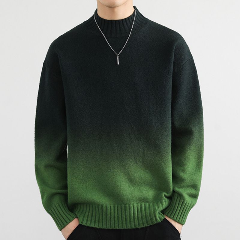 Men's Ombre Knit Sweater - Semi-Turtle Neck, Loose Fit, Stretch Polyester Blend (Army Green/Blue Gray/Beige/Dark Green/China Red)_viptrois.com