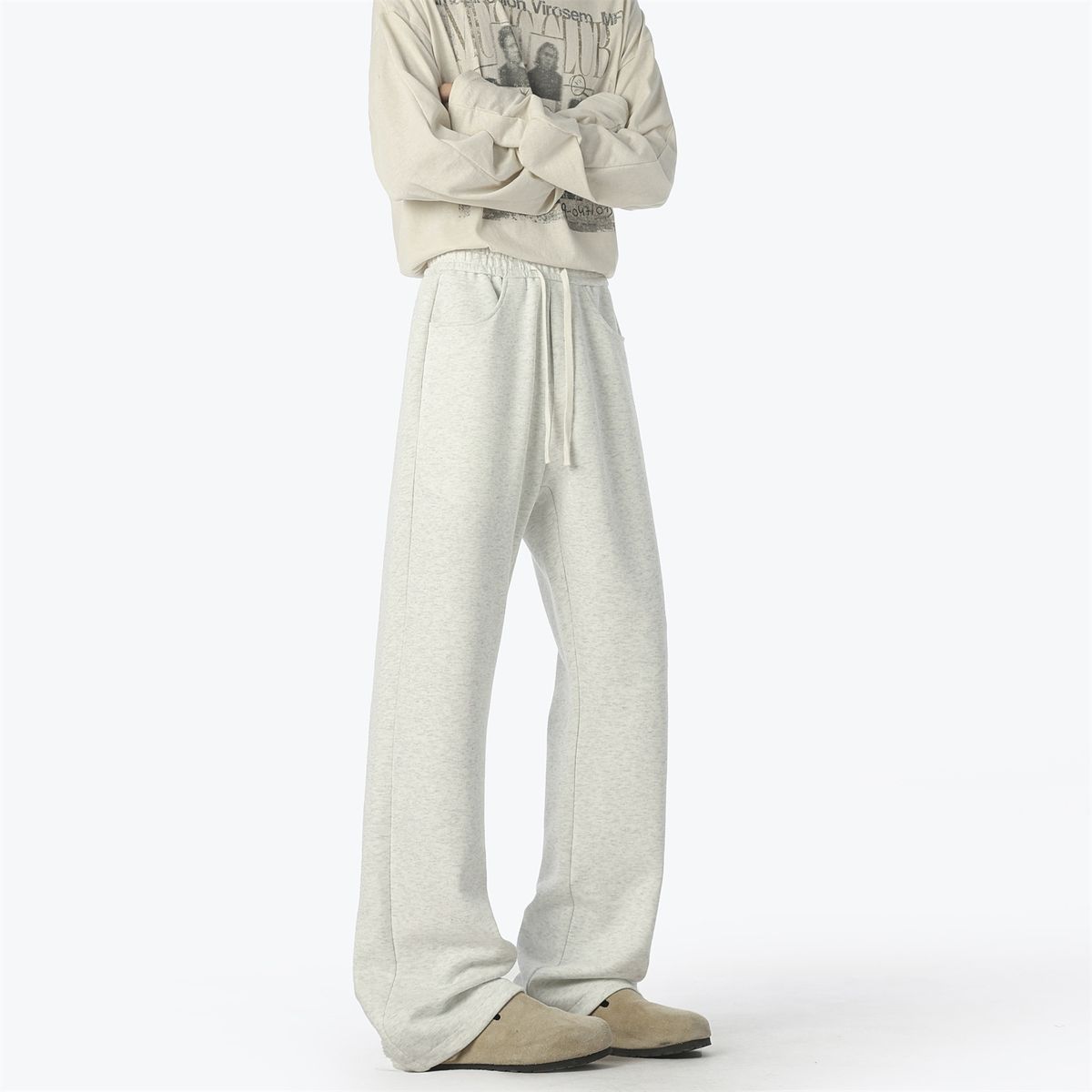 Men's Heather Gray American Style Sweatpants Slightly Flared Thick Winter Fitness Sports Pants Tall And Long Straight Leg Casual Bottoms_viptrois.com