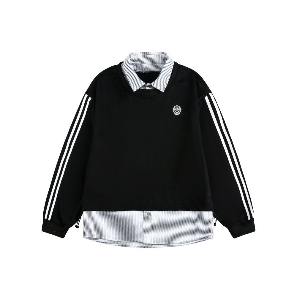 Two-Piece Vertical Striped Color Block Turn-Down Collar Pullover Sweatshirt Unisex Loose Casual Design Three-Stripe_viptrois.com