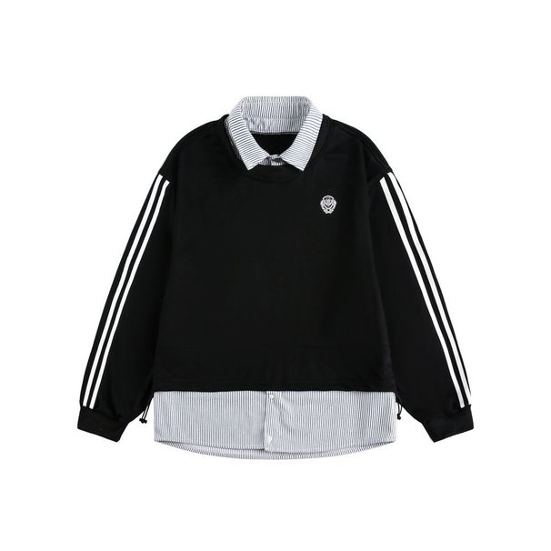 Two-Piece Vertical Striped Color Block Turn-Down Collar Pullover Sweatshirt Unisex Loose Casual Design Three-Stripe_viptrois.com