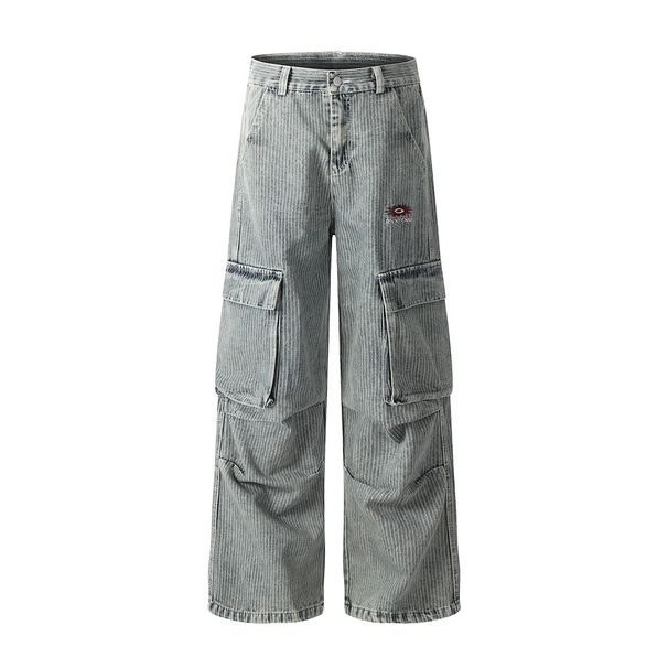 Heavy-duty Washed Vintage Workwear Denim Men's Punk Pleated Design Pocket Vertical Stripes Wide-leg Straight Pants_viptrois.com