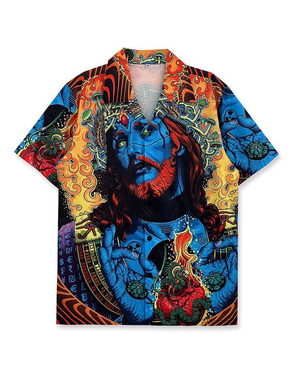 Men's Clothing Trendy Brand Hot Selling European Size Short Sleeved Printed Shirt Men's Classic Retro Hong Kong Style Beach Couple Loose Shirt Women_viptrois.com