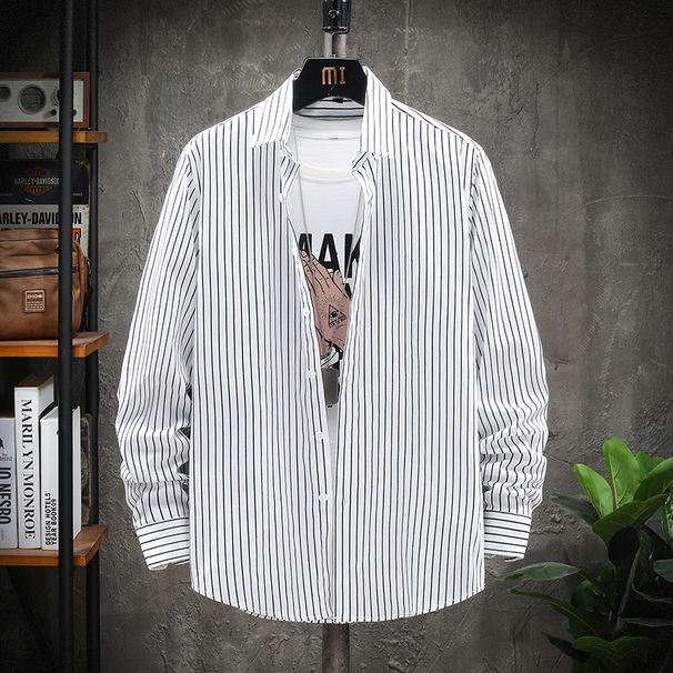 Men's Korean Style Striped Long Sleeve Shirt – Casual Cotton Shirt With Trendy Patterns (Black/White/Navy, M-5XL)_viptrois.com