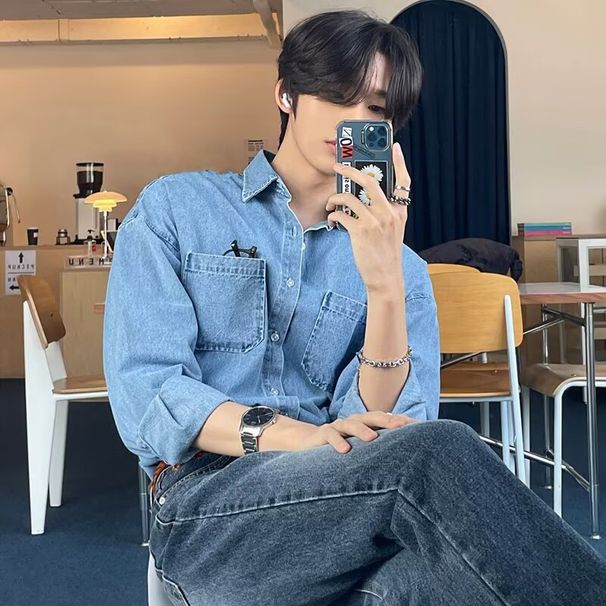 2025 Spring Autumn Korean Style Trendy Denim Men's Long Sleeved Loose And Versatile Casual Shirt Jacket_viptrois.com