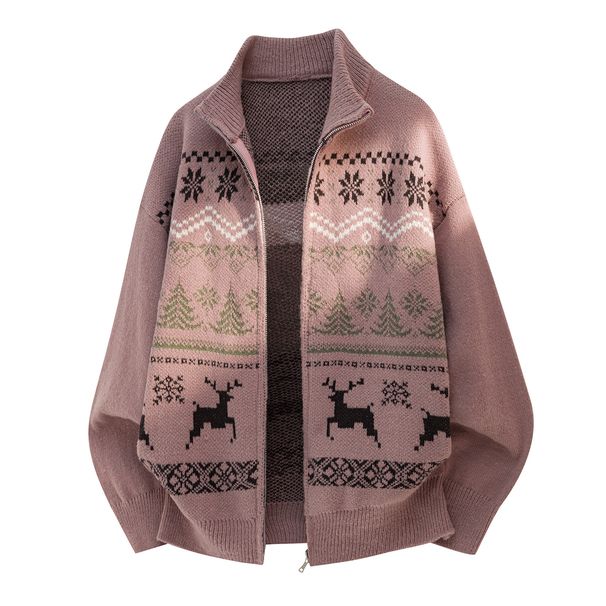 Monochrome Man- Jacquard Texture Fair Isle Cardigan For Men, New Autumn And Winter Vintage Ethnic Style, Soft Knitted Sweater Jacket_viptrois.com