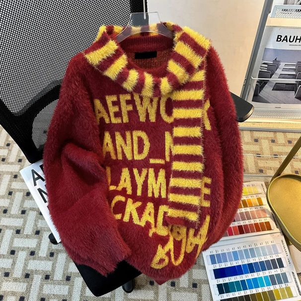 Letter Jacquard College Style Scarf Sweater Men's Autumn/Winter New Loose Knitted Sweater For Warmth_viptrois.com