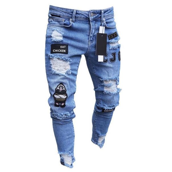 Loom Skinny Cross-Border Ripped Jeans European And American Style Denim Pants Men's Badge Zipper Knee_viptrois.com