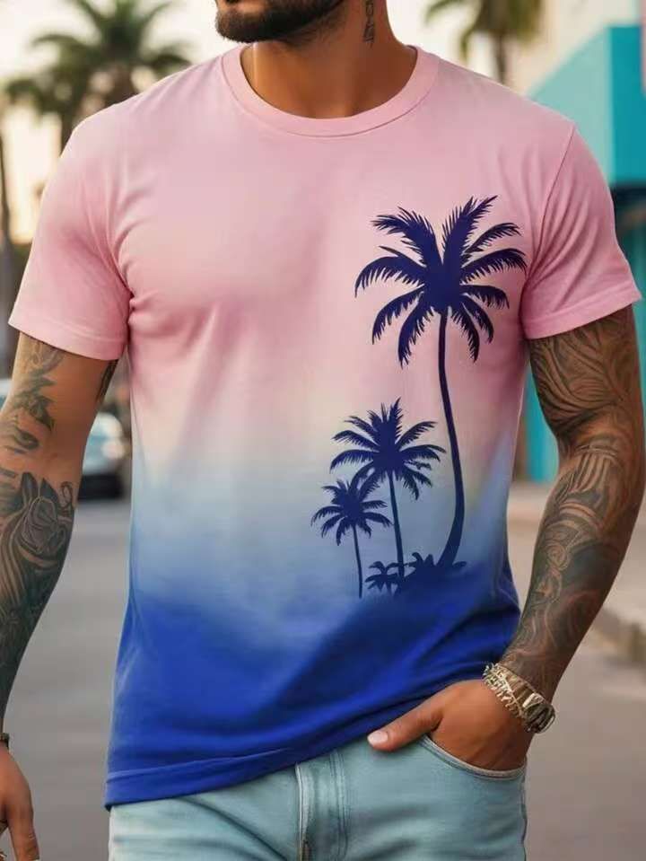 Cross Border Supply Of Hawaiian Coconut Tree Style Short Sleeved T Shirt For Summer Men's Gradient Printing Beach Style Casual Short Sleeved Men_viptrois.com