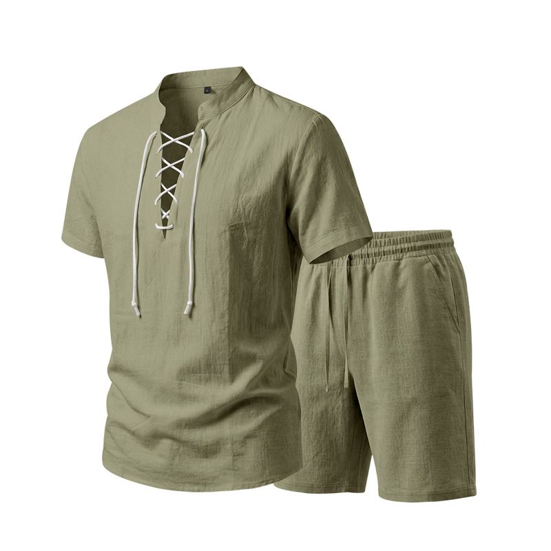 Men's Retro Tie Up Stand Collar Linen Short Sleeve T-Shirt And Shorts Set Summer Trendy Commuter Wear Simple Style_viptrois.com