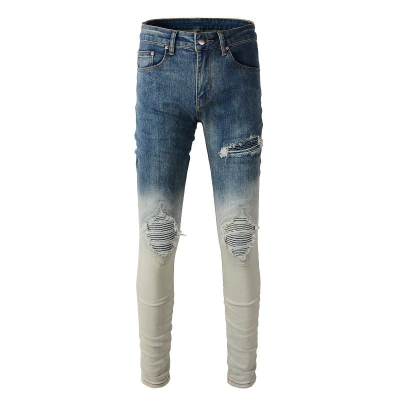 Men's Clothing Retro Gradient Color Men's Jeans Men's Ripped Patch Slim Stretch Boys Pants_viptrois.com