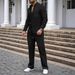 Autumn Men's New Waffle Solid Color Stand Collar Cardigan Shirt Long Sleeve Trousers Suit_viptrois.com