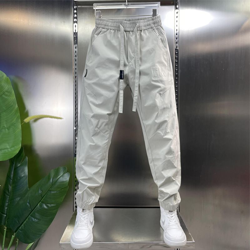 Men's Slim Fit Cargo Sweatpants Trendy Korean Style Embossed Jogger Casual Trousers Black Thin Summer Fashion_viptrois.com